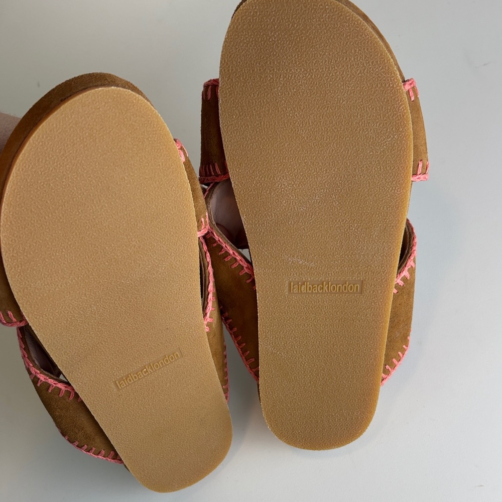 Laidback London Women's Brown Suede Crisscross Sandals with Pink Stitching NWOT - Picture 5 of 9